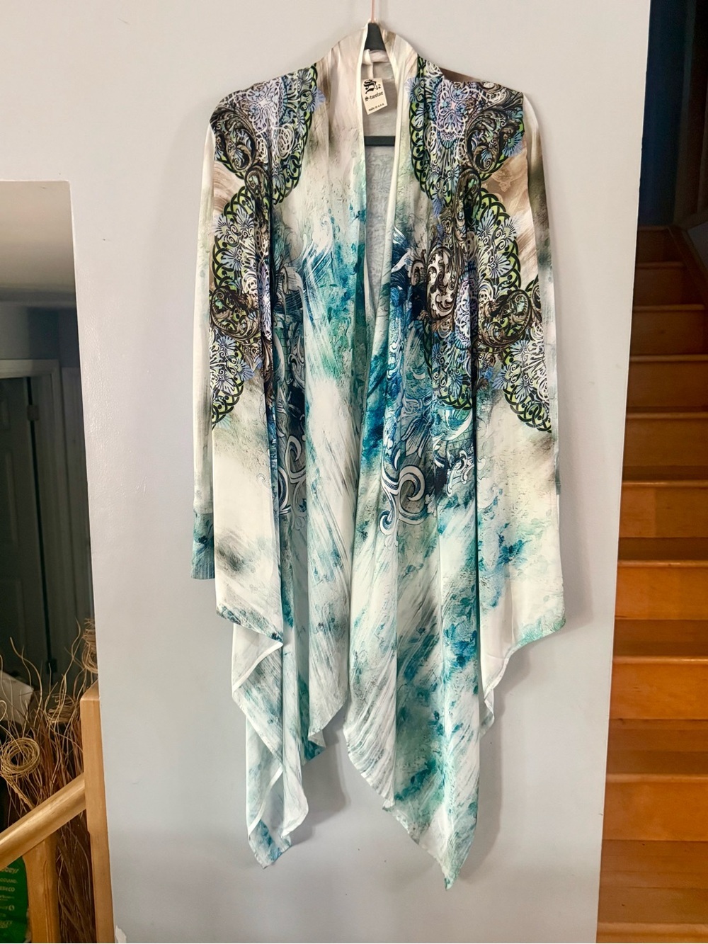 S-Twelve Blue Aqua Abstract Watercolor Handkerchief Hem Open Front Kimono Jacket